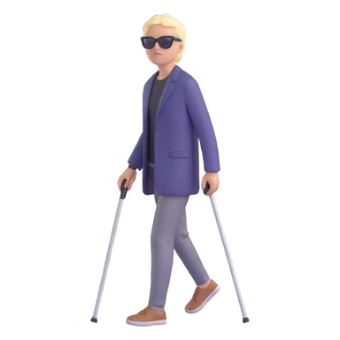 A blind person walking with a white cane, wearing sunglasses, outdoors, daytime. Focus on the cane and posture that indicates visual impairment. sticker