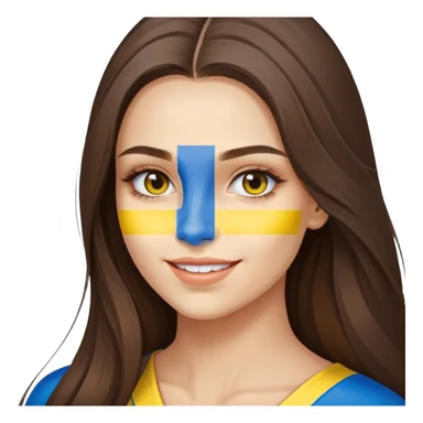 Brunette woman with long hair, Ukrainian flag (blue and yellow) painted on her cheek, happy expression sticker