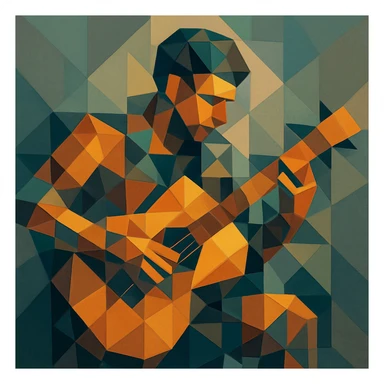 Musician playing a guitar with limbs and strings fractured into overlapping cubes and triangles. sticker