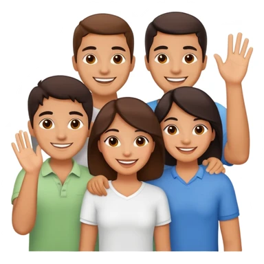 Group of Latino friends with warm smiles, relaxed poses, some waving, others mid-chat – friendly and lively vibe sticker
