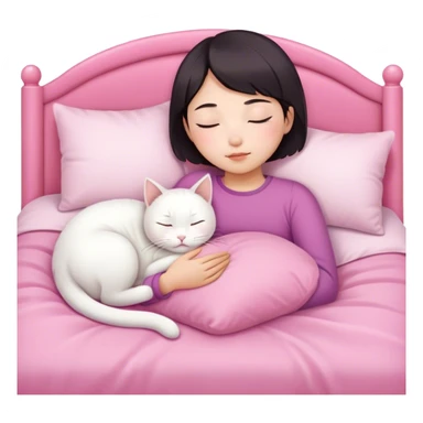 White cat sleeping with Asian girl short hair in pinky bed  sticker