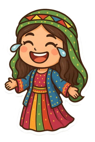 Cartoon sticker of a Kurdish woman wearing traditional Kurdish female clothing, colorful and cheerful, face with a big smile and tears of joy, no text, suitable for WhatsApp and Instagram, transparent background. sticker