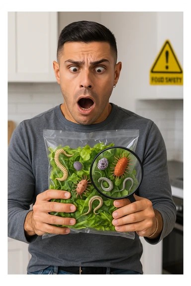 a man holds a bag of salad with both hands, his face frozen in shock as he looks at the contents. Inside the bag, exaggerated but realistic depictions of parasites and bacteria are visible, some highlighted with a magnifying glass overlay. The background is a clean kitchen, and a warning sign appears in the corner to reinforce the message about food safety. sticker