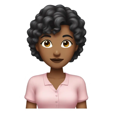 woman with long black curly hair and bangs and dark brown eyes, wearing a pastel pink blouse sticker