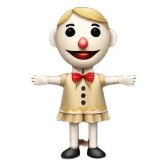 Icon for Puppet Theater: a puppet on strings with theatrical curtains in the background, along with a small stage and dramatic lighting. The icon should represent the whimsical and artistic nature of puppet performance. Transparent background. sticker