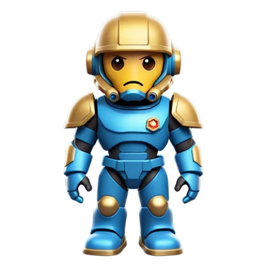 Clash of Clans aesthetic: Cinematic Playful Terran Marine Hero Emoji, rendered in a 3D vector-style similar to standard emojis with minimal shading and bold, simplified shapes. A compact, heroic isometric figure clad in futuristic power armor with signature energy accents, softly glowing with a cosmic battle charm. Simplified yet unmistakably iconic, highly detailed and consistent, glowing with a soft radiant shine and high gloss. Stylized with a touch of interstellar valor and a soft glowing outline, capturing the essence of an elite space warrior with a friendly, playful manner! sticker