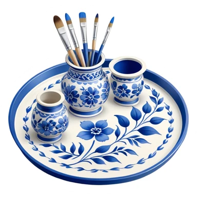 Gzhel-style metal painting icon, hand-painted Gzhel-style metal tray with intricate blue and white floral patterns, visible paintbrush and paint pots, metal surface in the process of being painted, no finished artwork, just the painting process, minimalistic style, clean lines, transparent background. sticker