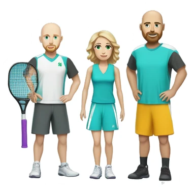 White couple, 35 yro, in pickleball clothes. Male bald= aqua eyes, beard, white, bald, and aqua eyes. Female = long light brown hair, aqua eyes.  sticker
