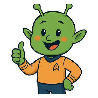 cheerful alien giving thumbs up in a crew uniform, cartoon style, inspired by the reference image's color palette and head shape sticker