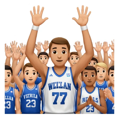 Maverick Trevillian in the crowd at an amateur basketball game. He leans towards the camera and enthusiastically shouts "six seven while performing a distinctive hand gesture: both hands open, palms facing upward, moving up and down as if weighing two options. sticker