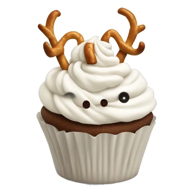 Cupcake with white frosting and with pretzel antlers at the top sticker