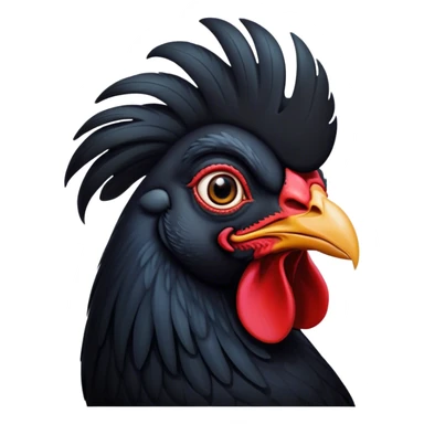 Cinematic Noble Black Rooster Portrait Emoji, Poised and regal, with a robust, commanding build and a sleek, well-groomed pure black plumage, deep-set soulful piercing eyes, Simplified yet sharp and sophisticated features, highly detailed, glowing with a soft, dignified glow, high shine, intelligent and proud, stylized with an air of mysterious majesty, focused and attentive, soft glowing outline, capturing the essence of a watchful and confident leader, so majestic it feels as though it could crow out of the screen with effortless authority! sticker