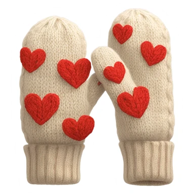 A pair of cozy knitted beige mittens with red hearts sticker