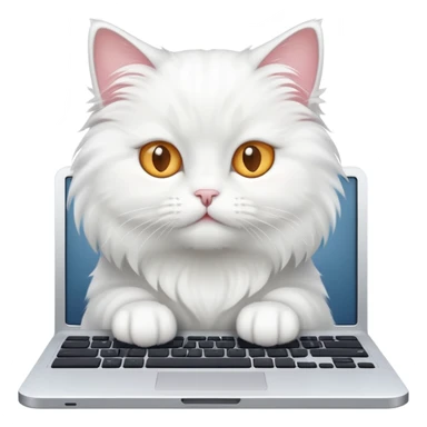 White cat looking at computer sticker
