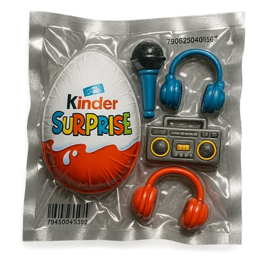 Kinder Surprise egg with standard wrapper next to toys: microphone, boombox, headphones, glossy vacuum-sealed style sticker