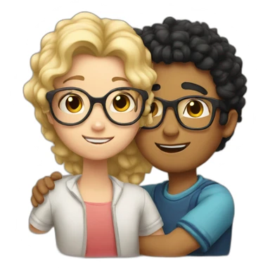 boy with curly blonde hair and glasses hugging girl with black hair and glasses sticker
