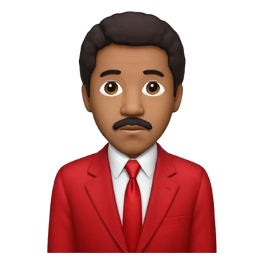 Richard Pryor with dark brown hair, red suit jacket, black suit shirt with red tie sticker