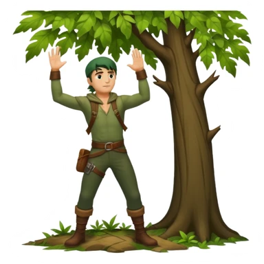 full body forest rogue man, from behind leaning against tree, one arm raised, leaf shadows on back sticker