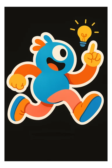 Remove all text and written matter, keep only the mascot character and visual elements. Preserve the playful, energetic, and imaginative style suitable for a black website background. sticker