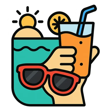 a hand with sunglasses holding a glass of fruit juice, beach background icon sticker