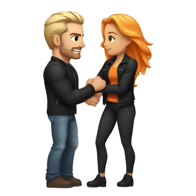 A muscular, well-formed, slightly brunette man wearing a black jacket, and a woman with light blonde and orange hair, brown eyes, and a black crop top, hugging him. sticker