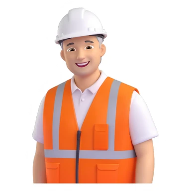 friendly middle-aged man with short hair, smiling, wearing a high-visibility orange vest and white hard hat, inspired by a Network Rail worker sticker
