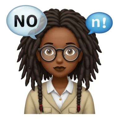 darker skin female with dark dreadlock hair wearing large round glasses with a word bubble that says no sticker