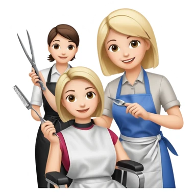 woman getting a haircut from a female hairstylist, both smiling, client sitting in chair with apron, hairstylist standing behind holding scissors sticker