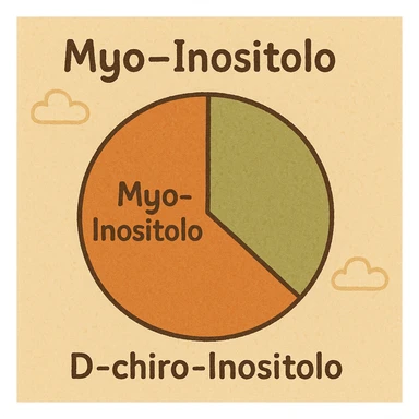 modern infographic style pie or bar chart showing proportion between Myo-Inositolo and D-chiro-Inositolo, two distinct sections with highlighted names, harmonious colors, light background sticker