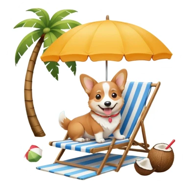 a corgi dog laied on a beach chair, a sunny beach, a sun umbrella, and beach coconut trees. the icon should capture the essence of a relaxing beach vacation with a carefree atmosphere sticker