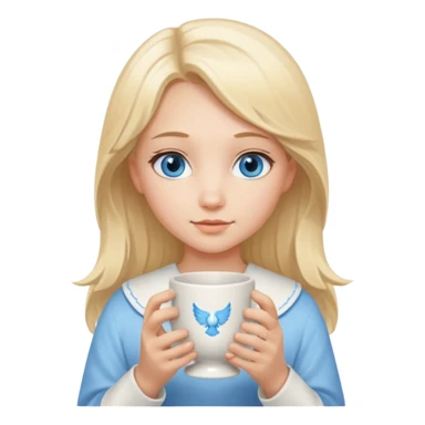 angelic blonde girl with middle length hair and blue eyes holds a cup sticker