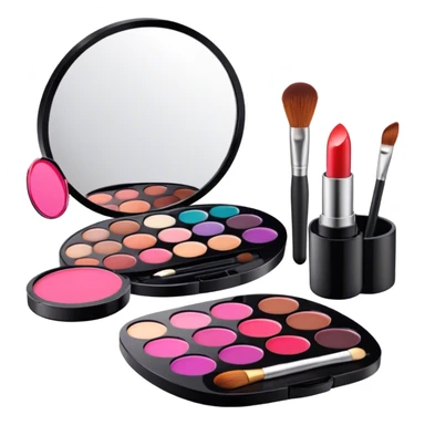 A photorealistic icon featuring makeup brushes, a lipstick being applied, an eyeshadow palette with colors in use and a compact mirror reflecting a half-done makeup look. The design captures the artistry and process of makeup with bright and realistic textures. Transparent background. sticker