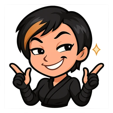 Sexy chibi ninja girl with black short hair and a blonde streak, only head and arms, colorful chibi style with bold outlines, transparent background, no mask, extra smug grin with both eyebrows raised and a little sparkle by her face, sized for Twitch emoji use. sticker