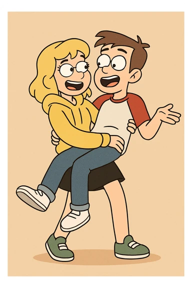 A man Raglan sleeves with Red t-shirts blue jeans white shoes carried by a cute a girl yellow hoodie black skirt green shoe  sticker