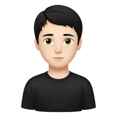 A boy with dark black hair and hazel green and brown eyes and white skin , with freckles and black t shirt with middle part hair  sticker
