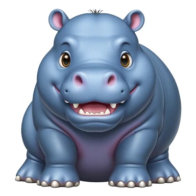 cinematic-hippo-realistic-full-body-side-view-standing-on-all-fours-emoji,-massive-round-frame,-wide-mouthed-grin-exposing-huge-teeth,-head-tilted-dramatically,-thick-greyish blue-hide-glossy, big cute eyes sticker