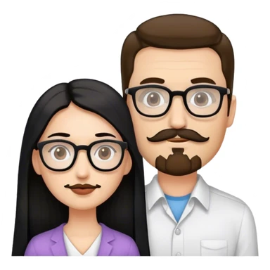 couple, Tall white man brown mustache goatee, and small woman long black hair square glasses sticker