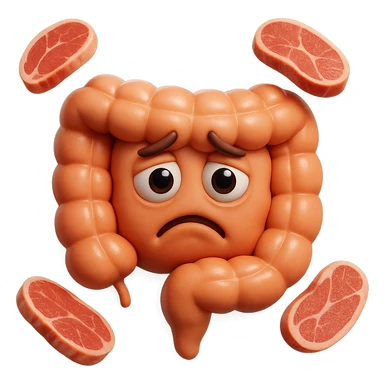 emoji stile iphone in 3d di un intestino triste con fette di carne che gli fluttuano intorno, gli occhi falli con la parte bianca pure, iperrealistico 4k sticker