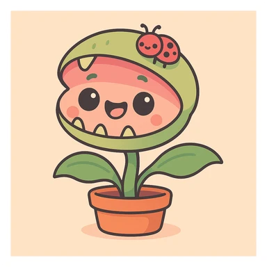 Add a tiny cute bug friend sitting on the Venus flytrap, maintaining the kawaii pastel style with soft colors and gentle shading. sticker
