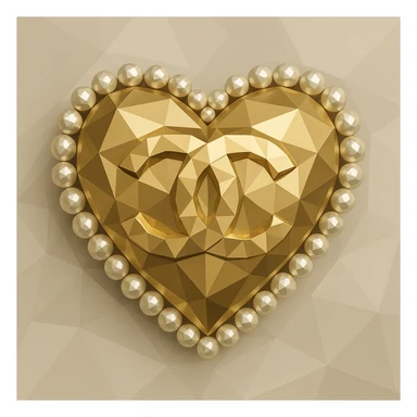 Chanel heart with interlocking C's, metallic gold, pearl border, elegant, polygonal low-poly style sticker