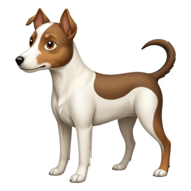 a full body large white floppy eared parson russell looking dog the size of a kelpie with light brown ears and a light brown patch on one eye and a large snout sticker