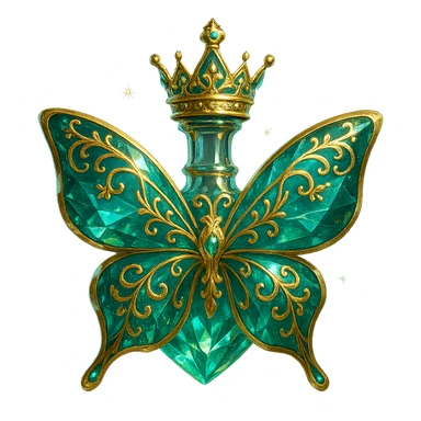 crystal elegant butterfly-shaped bottle, short neck, princess crown, green and blue colors, lots of glowing, facets, more ornaments, decorations, golden details, magical effects, premium class, transparent background, bottle clearly flying in air, no base or shadow sticker