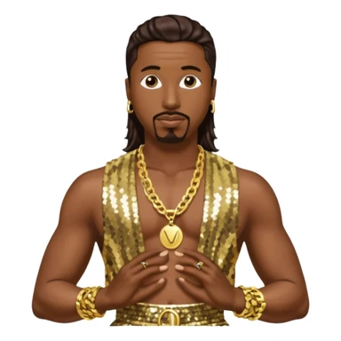 MC Hammer with dark brown hair, gold sequin harem pants, shirtless with necklace sticker