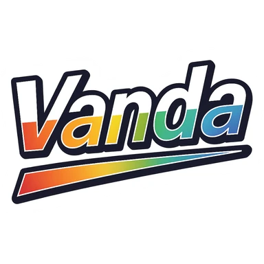 The name 'Vanda' in modern, precise Hungarian letters with a rainbow gradient color fill, extra thick white letter outline, dark contour, transparent background, dynamic slanted underline, in the style of the sample images. sticker