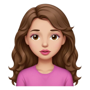 girl with long wavy brown hair, brown eyes, light to medium complexion, in a pink shirt, pink lips, long lashes, puckering lips kissing, winking with one eye closed sticker