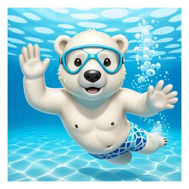 friendly anthropomorphised polar bear swimming freestyle in a large pool, excited expression, wearing patterned swim trunks and full snorkel mask sticker