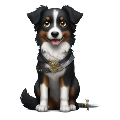 Small black australian shepherd dog with a sword sticker