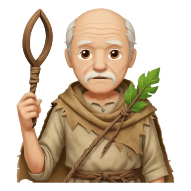 ancient old man, tattered leaf cloth, hold the slingshot sticker