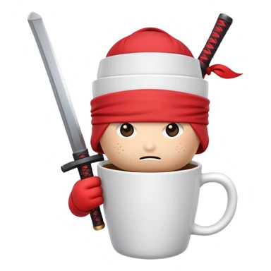 A disposable coffee cup character with a face, wearing a red ninja headband tied around the top and gripping a katana sword sticker