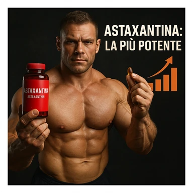 hyper realistic bodybuilder showing red bottle of Astaxantina, orange and golden capsule, bar chart, text 'Astaxantina: la più potente', motivational atmosphere sticker